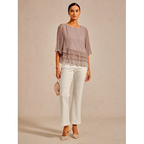  Women's Blouse Chiffon Tops Lace Tops Solid Color Elegant 3/4 Length Sleeve Crew Neck Wedding Guest Holiday Ruched Glitter Pink Summer Spring Fall