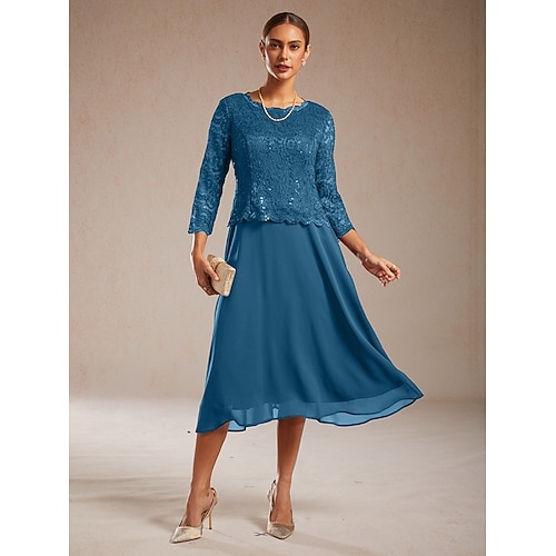  Dámské Midi šaty Šifonové šaty Elegantní Svatební host Koktejlový večírek Čajový dýchánek Pevná barva 3/4 délka rukávu Tričkový Zelenomodrá Jaro Podzim Zima