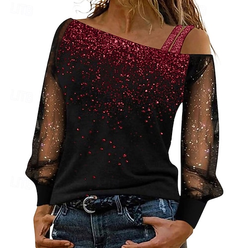  Femmes Chemisier A Ombre ancien Élégant manche longue Asymétrique Hauts Réguliers Quotidien Fête Sortir Paillettes Bleu Argent Vin Dorée Été Automne