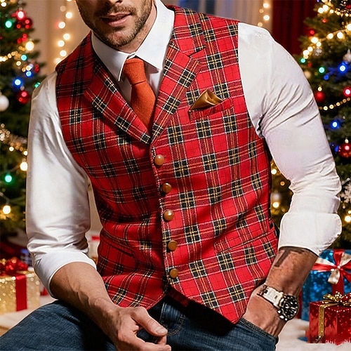  Pánské Kamizelka Vesta Vánoce Venkovní Dovolená Párty Módní Šik ven Jaro Podzim Knoflíky Polyester Prodyšnost Pléd Jednořadé Do V Na míru Světle červená Rubínově červená Vesta