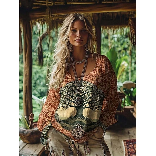  Damen Boho-T-Shirt Grafik Geometrisch Elegant Bohemien Tropisch Langarm V Ausschnitt Normale Oberteile Täglich Ausgehen Wochenende 3D-Druck Rosa Purpur Orange Grün Sommer Frühling Herbst Winter