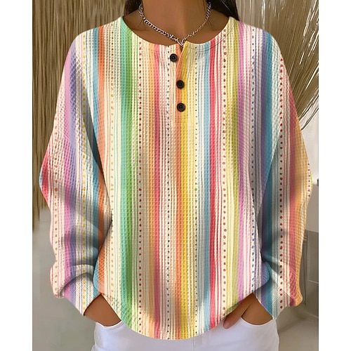  Dames Trui-sweatshirt Grafisch Geometrisch Elegant Vintage Modieus Lange mouw Strakke ronde hals Normale tops Huis Bruiloft gast Dagelijks gebruik Knop blauw Donker Rood Groen Regenboog Lente Herfst
