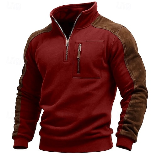  Homens Camisolas e Capuz Manga Longa Colarinho Chinês Meio Zíper Outono Inverno Primavera & Outono Bloco de cor Vintage Diário Casual Bolsos Bloco de cor Ao ar livre Casual Roupa Esportiva Preto