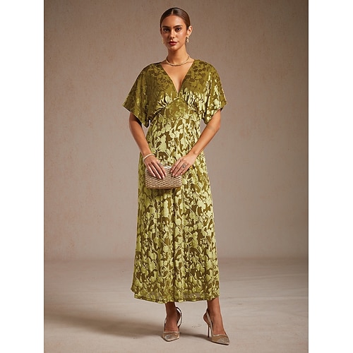  レディース マキシドレス Aラインドレス ベルベット エレガント パーティー ウェディング ゲスト 花柄 リーフ ハーフスリーブ Vネック エメラルドグリーン 春 秋 冬