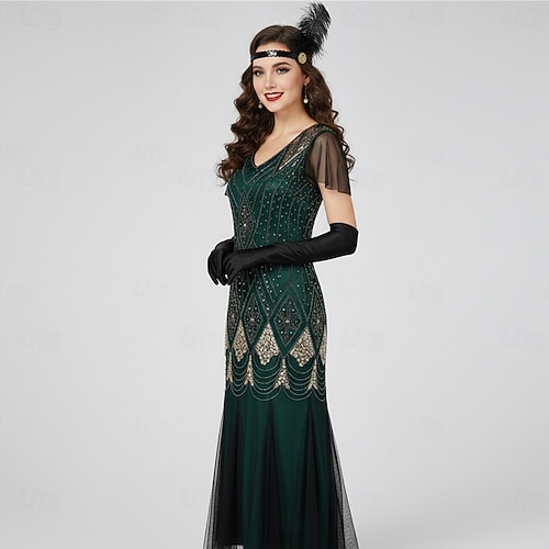 Set Roaring 20s 1920s Floor Length Evening Dress Outfits Accessories Set with Accessories Short Sleeves The Great Gatsby Wedding Guest Sequins Sequin V Neck Fancy Dress Women's Carnival Masquerade 2026 - GBP 42 Set Roaring 20s 1920s Floor Length Evening Dress Outfits Accessories Set with Accessories Short Sleeves The Great Gatsby Wedding Guest Sequins Sequin V Neck Fancy Dress Women's Carnival Masquerade 2026 - GBP 42