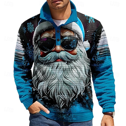  Christmas Men's Santa Claus Waffle Sweatshirt Daily Classic Casual Stand Collar Outdoor Home Work Gift Blue Red Green Buttons Fall Winter Designer S M L XL XXL XXXL