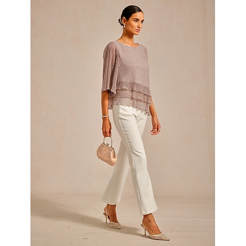  Women's Blouse Chiffon Tops Lace Tops Solid Color Elegant 3/4 Length Sleeve Crew Neck Wedding Guest Holiday Ruched Glitter Pink Summer Spring Fall
