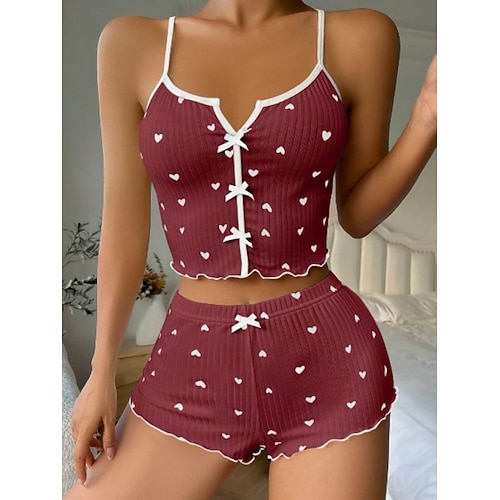  Dames Pyjamaset Casual Comfortabel Hart Elastische taille Strap Top Korte broek Huis Dagelijks Mouwloos V-hals Zwart Wit Blozend Roze Wijn Rood Zomer Lente Herfst Strak