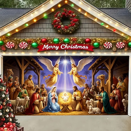  غطاء باب مرآب عيد الميلاد مشهد المهد 2025 خلفية معلقة كبيرة جدارية عطلة دينية ديكور خارجي خلفية تصوير حفلة فناء المنزل ديكور عيد الميلاد الاحتفالي