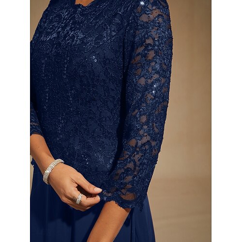  dames maxi-jurk chiffon jurk kant pailletten geborduurd elegant avondfeest effen kleur 3/4 mouwen ronde hals marineblauw lente herfst winter