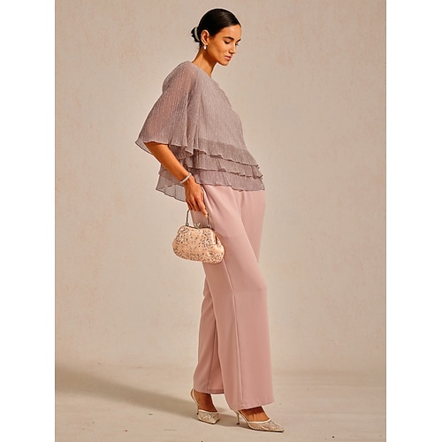  Women's Blouse Chiffon Tops Lace Tops Solid Color Elegant 3/4 Length Sleeve Crew Neck Wedding Guest Holiday Ruched Glitter Pink Summer Spring Fall