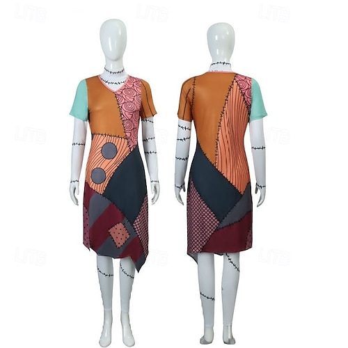 sally nightmare before christmas dress back Cosplay Costume Cosplay Costume for Women's Adults Christmas Carnival Masquerade Christmas Eve Party Christmas 2026 Costume ideas Color:Blue Green *BUSTIER DRESS* Puff Sleeved Linen Dress and leg warmers