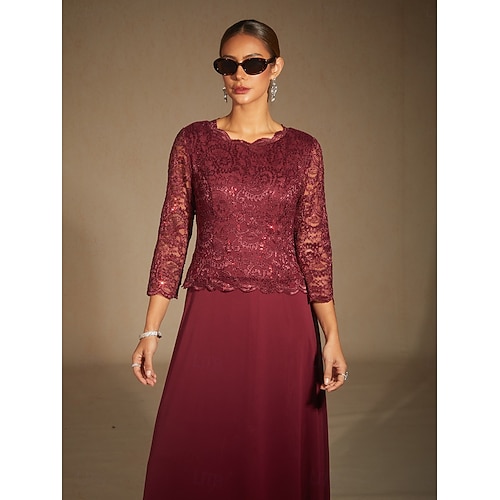  Dames Halflange jurk Chiffon jurk A lijn jurk Elegant Bruiloft gast Avond Feest Effen Kleur 3/4 mouw Strakke ronde hals Wijn Lente Herfst Winter