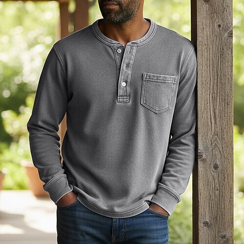 Maglietta Henley Uomo Manica Lunga – 65% Cotone 35% Poliestere, Con Taschino, Colori Versatili