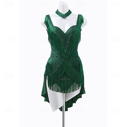 emerald green dance dress Custom Size Dark Green Feather Competition Latin Dance Dresses Blackpo –  Moderndancedress.com main image 1