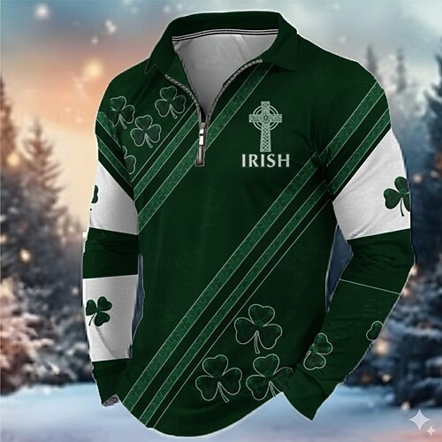  St. Patrick Men's Shamrock Polo Long Sleeve Turndown Modern Leisure Athleisure Casual Daily Festival Zipper 3D Print Spring Fall Dark Green Green