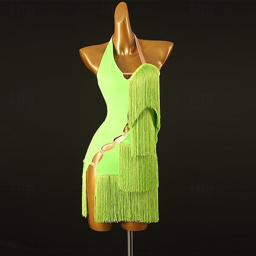 green emerald velvet dress Neon Green Girls Latin Dance Dress Fringe Romper: Kids Cha Cha Leotard  Professional Competition & Performance Outfit – Moderndancedress.com main image 0