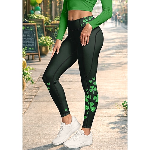 St. Patrick Women's pilates leggings fitness pants Gym Leggings Pockets Stamp Duty Side Pockets Pilates Gym Gym Workout Pants Tights Leggings Clover Green Sports Activewear High Elasticity Tight Fit