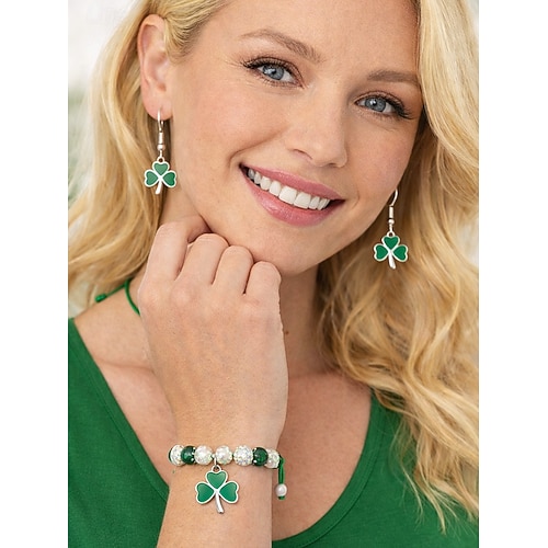  Women's Alloy and Acrylic Shamrock Bracelet and Earrings Set, Green and White Beads, Perfect for St. Patrick's Day and Everyday Wear