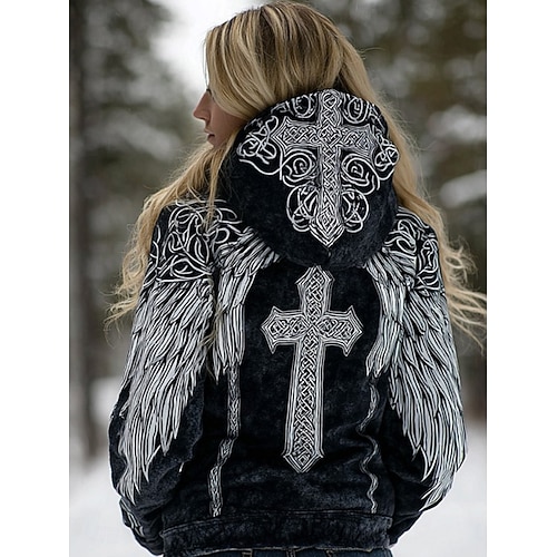 Women's Viking Wings Pullover Hoodie Sweatshirt Graphic Geometric Tribal Vintage Casual Boho Long Sleeve Hooded Regular Tops Casual Street Patchwork Print Front Pocket Black Spring Fall Winter