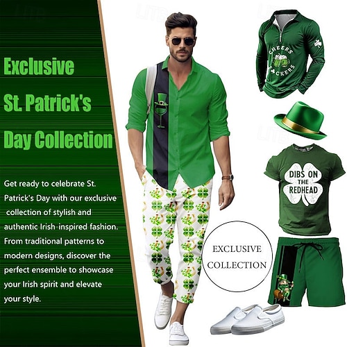  St. Patrick's Day Men's Shamrock Faux Collar and Suit Design Celtic Art Shirt Button Up Shirt Long Sleeve Vintage Retro Party Holiday Spring Fall Turndown 3D Print Collared Shirts Green 1# Light