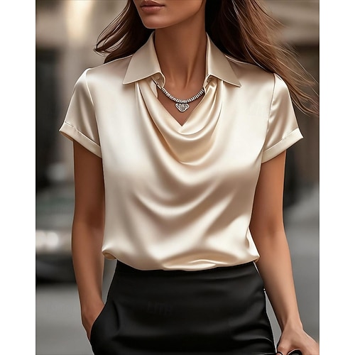  Жен. Рубашка Elegant Атласный верх Блуза Полотняное плетение Элегантный стиль Стиль С короткими рукавами Рубашечный воротник Обычные топы Повседневные Праздники На выход