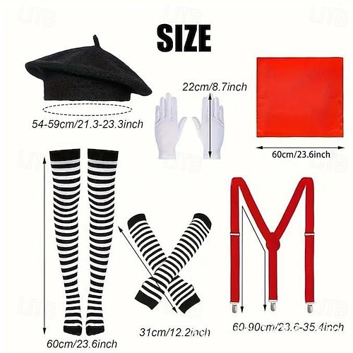 Disfraz De Mimo Completo De 10 Piezas Para Mujer Y Hombre – Boina, Tirantes, Guantes Y Medias – Ideal Para Carnaval Y Fiestas Temáticas