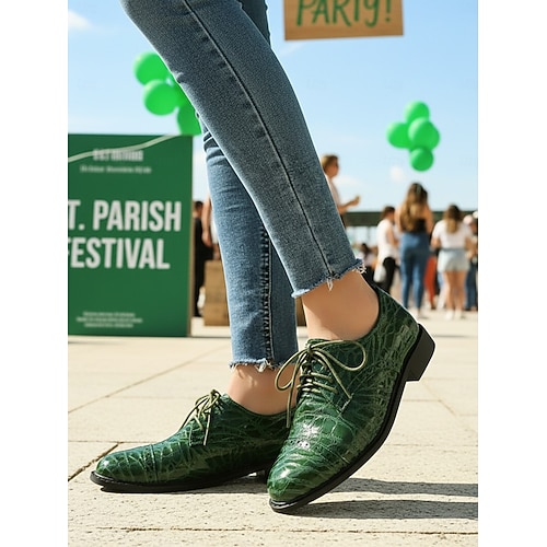 Women's Green Faux Croc Oxford Shoes  Lace-Up Low-Heel Dress Flats for St. Patrick's Day Parade, Irish Festival Outfits & Holiday Celebrations