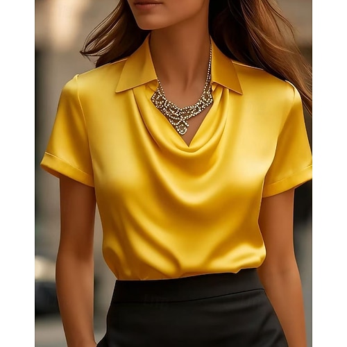  Жен. Рубашка Elegant Атласный верх Блуза Полотняное плетение Элегантный стиль Стиль С короткими рукавами Рубашечный воротник Обычные топы Повседневные Праздники На выход