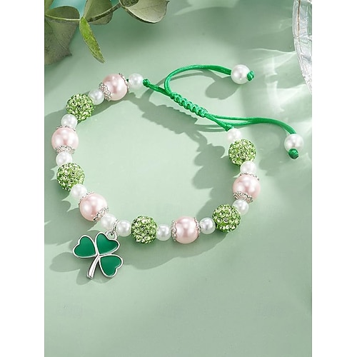  Women's Alloy and Acrylic Shamrock Bracelet and Earrings Set, Green and White Beads, Perfect for St. Patrick's Day and Everyday Wear