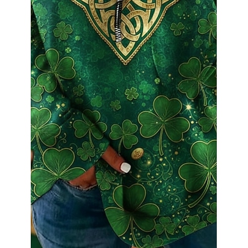  St. Patrick's Day Women's Pullover Sweatshirt Shamrock Casual Long Sleeve V Neck Regular Tops Street Dailywear Zipper Pocket Print Green Spring Fall