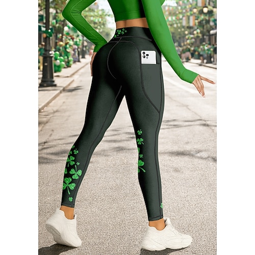  St. Patrick Women's pilates leggings fitness pants Gym Leggings Pockets Stamp Duty Side Pockets Pilates Gym Gym Workout Pants Tights Leggings Clover Green Sports Activewear High Elasticity Tight Fit