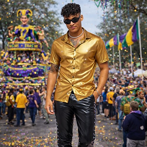 Fancy Dress Mens Gold Disco Costume Mardi Gras 2026 Retro Vintage 1970s  Shirt Disco Shiny Metallic