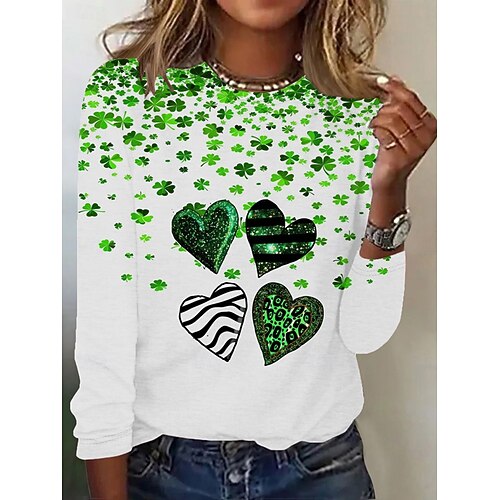  St. Patrick Women's T Shirt Graphic Shamrock Fashion Stylish Classic Long Sleeve Crew Neck Round Neck Regular Tops Daily Weekend Print White Dark Green Green Summer Spring Fall