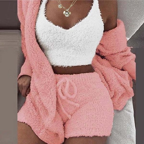 Pyjamas Ensembles Intérieur Soirée Plein Air Saint Valentin Femme Polyester Chaud Cadeau Sangle Shorts Pluche simple Flexible Sport Manches Longues Sans Manches L'autume