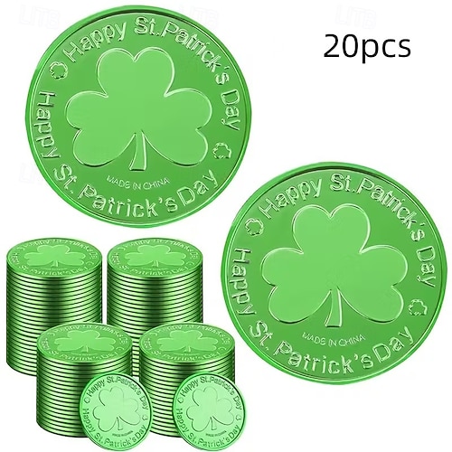  20pcs St Patrick's Day Game Tokens & Coins Ireland Green Shamrock Plastic luck Coins