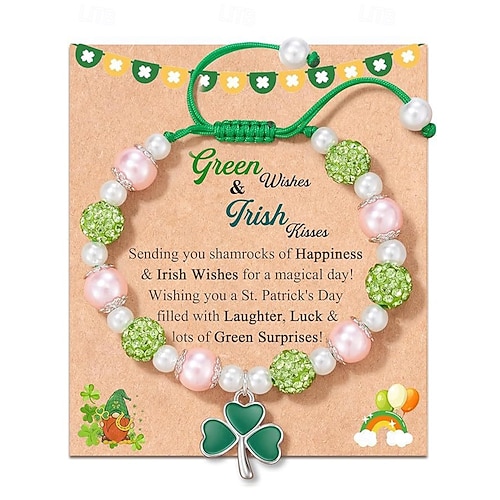  Women's Alloy and Acrylic Shamrock Bracelet and Earrings Set, Green and White Beads, Perfect for St. Patrick's Day and Everyday Wear
