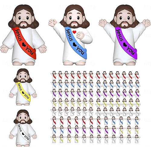  50/100pcs Little Jesus Figures,Mini Jesus Figurines Easter Gift Tiny Statues for Easter Egg Stuffers,Religious Gifts,Parties,Baptism Gifts,Multicolor Miniature Decorations,Hide and Seek Figurines