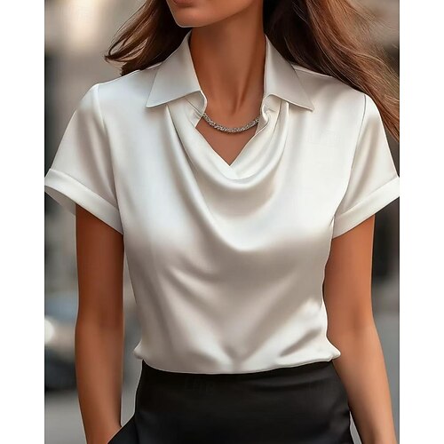  Жен. Рубашка Elegant Атласный верх Блуза Полотняное плетение Элегантный стиль Стиль С короткими рукавами Рубашечный воротник Обычные топы Повседневные Праздники На выход