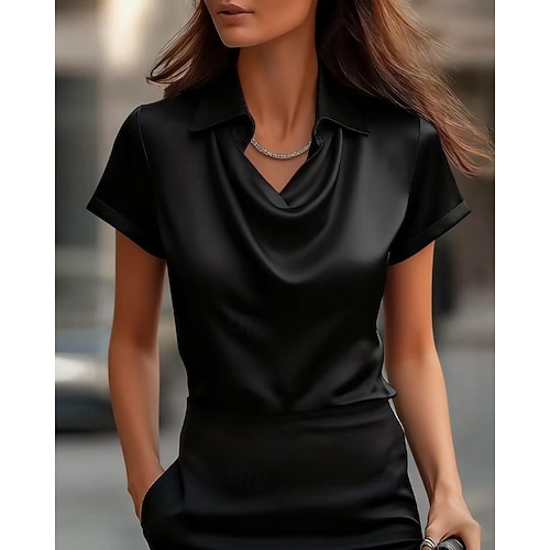  Жен. Рубашка Elegant Атласный верх Блуза Полотняное плетение Элегантный стиль Стиль С короткими рукавами Рубашечный воротник Обычные топы Повседневные Праздники На выход