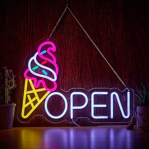 Ice Cream Neon Sign For Wall Decor – Dimmable LED, USB Powered, 13.78" X 13.39", Ice Blue/Pink/Yellow/White, For Shops, Parties, Bedrooms