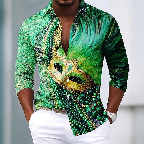 Mardi Gras Men's Carnival Beads Mask with Feathers Shirt Satin Shirt Dress  Shirt Long Sleeve Fashion Casual Party Holiday Summer Spring Turndown 3D  Print Button Up Shirts Blue Purple Green 2026