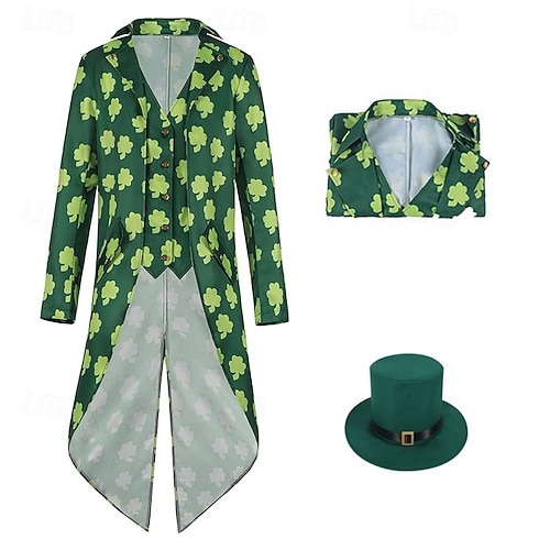  St. Patrick 2026 Leprechaun Clover Irish Carnival Fancy Costume Tailcoat Top Hat Medieval Adults' Men's Carnival Saint Patrick's Day Party Easy Carnival Costume Dress Up