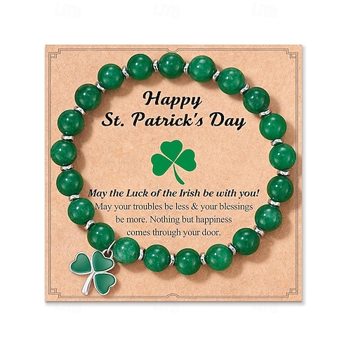  Women's Alloy and Acrylic Shamrock Bracelet and Earrings Set, Green and White Beads, Perfect for St. Patrick's Day and Everyday Wear
