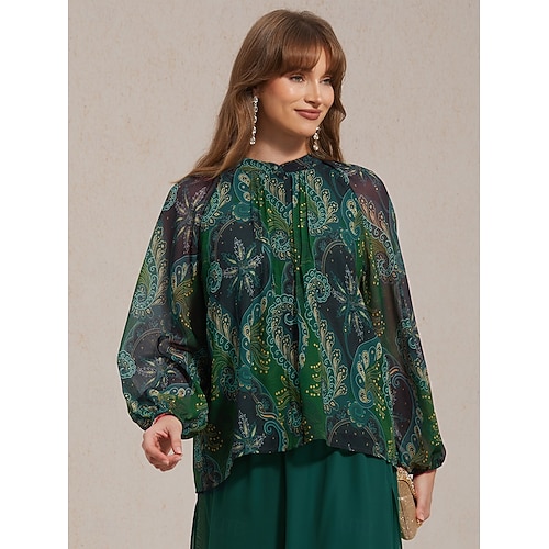 Femmes Chemise Chemisier Boutons Imprimé Graphique Paisley Ethnique Mode manche longue Manches Bouffantes Col en V Hauts Réguliers Occasionnel Travail Saint-Patrick Vert Printemps & Automne