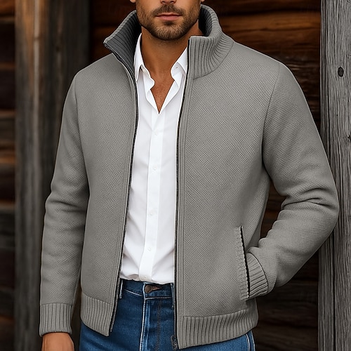 Herren Pullover Strickjacke Reißverschluss-Pullover Pulloverjacke Fleece Pullover Gerippt Stricken Normale Oberteile Klassicher Stil Fleece Einfarbig Hoher Ausschnitt Klassisch & Zeitlos Schick