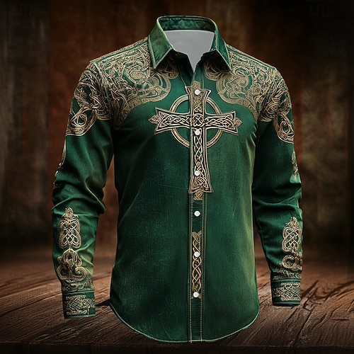  St. Patrick's Day Men's Celtic Cross Intricate Floral Shirt Button Up Shirt Long Sleeve Vintage Retro Holiday Spring Fall Turndown 3D Print Linen Like Shirt Light Green Green