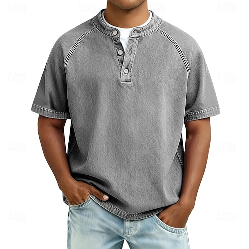  Men's T Shirt Henley Shirt 100% Cotton Acid Wash Shirt Tee Top Short Sleeve Plain Vintage Streetwear Casual Washed Raglan Sleeves Stand Collar Henley Casual Home Street Spring Fall Fall & Winter