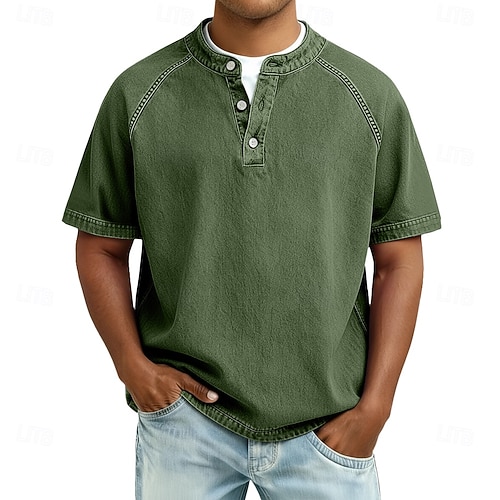  Men's T Shirt Henley Shirt 100% Cotton Acid Wash Shirt Tee Top Short Sleeve Plain Vintage Streetwear Casual Washed Raglan Sleeves Stand Collar Henley Casual Home Street Spring Fall Fall & Winter