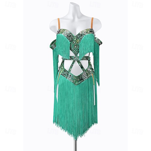 Women's Teal Green Sequin Fringe Latin Dance Dress - Cold Shoulder Cutout  Asymmetrical Ballroom Performance Costume 2026 - $336.69